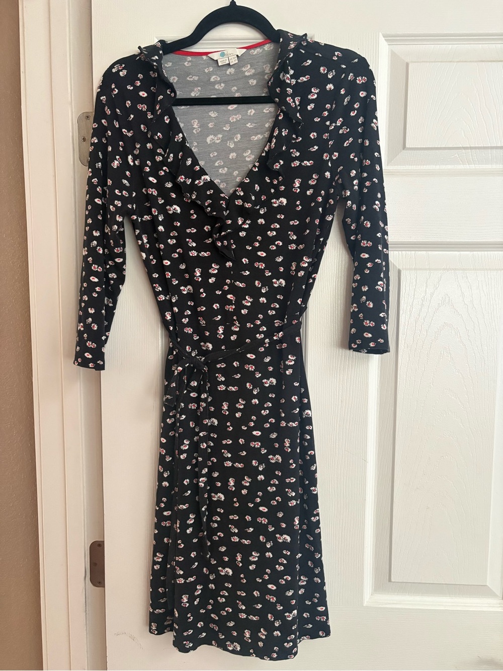 Boden 3/4 sleeves knee length dress floral career office v neck stretch ruffle 6 - Picture 3 of 6